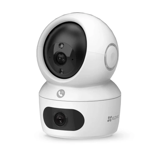 Biała, obrotowa kamera WiFi z podwójnym obiektywem, umieszczona na okrągłej podstawie. Na dolnej części widoczne jest logo producenta.