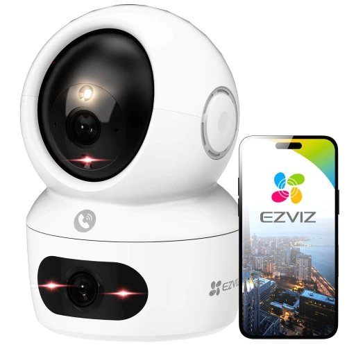 Podwójna kamera WiFi o obrotowej konstrukcji w kolorze białym, z widocznymi dwoma obiektywami. Obok kamery znajduje się smartfon z aplikacją EZVIZ, prezentującą widok z kamery na panoramę miasta.