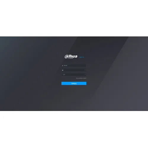 Zrzut ekranu przedstawia interfejs logowania do systemu Dahua z polami na nazwę użytkownika i hasło oraz przyciskiem "Zaloguj". Tło jest ciemnoszare z subtelnymi gradientami.