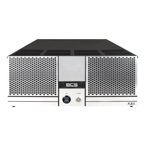 Na zdjęciu znajduje się rejestrator IP BCS z serii FLEX, z widocznym logo BCS na przednim panelu. Urządzenie ma perforowaną obudowę z portami USB i przyciskiem zasilania na froncie.