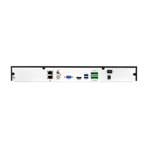 Zdjęcie przedstawia tylny panel rejestratora IP z różnymi portami i złączami, w tym portami USB, VGA, HDMI oraz złączem sieciowym. Urządzenie ma prostokątny kształt i jest w kolorze białym z czarnymi elementami.