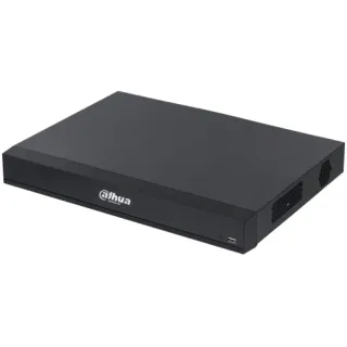 Czarny rejestrator IP Dahua NVR5216-XI z logo na przednim panelu. Urządzenie ma prostokątny kształt z wentylacją po bokach i portem USB z przodu.