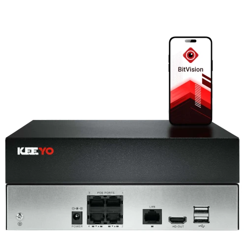 Na zdjęciu znajduje się czarny rejestrator sieciowy marki Keeyo z kilkoma portami na przednim panelu. Na urządzeniu stoi smartfon z wyświetloną aplikacją BitVision.