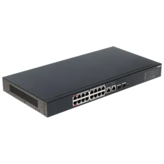 Na zdjęciu znajduje się czarny switch sieciowy z 16 portami Ethernet i dwoma portami SFP, marki Dahua. Urządzenie ma prostokątny kształt i widoczne oznaczenia portów na przednim panelu.