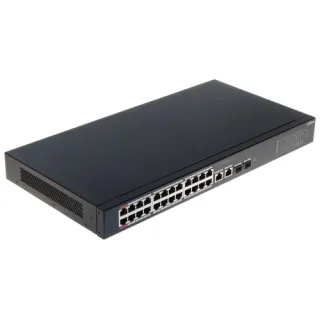 Czarny, prostokątny switch sieciowy z 24 portami Ethernet i dodatkowymi portami SFP na przednim panelu. Urządzenie ma wentylację po bokach i jest przeznaczone do montażu w szafie rackowej.