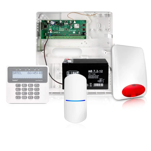 Na zdjęciu znajduje się zestaw systemu alarmowego, w skład którego wchodzą centrala z otwartą obudową, klawiatura, czujnik ruchu oraz sygnalizator z czerwoną lampą. Widoczna jest również bateria z oznaczeniem MB 7.2-12.