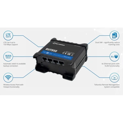 Teltonika RUT950 | Professioneller industrieller 4G LTE Router | Cat.4, WiFi, Dual Sim, 1x WAN, 3X LAN, RUT950 U022C0