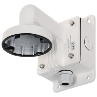 Uchwyt kamery Hikvision DS-1272ZJ-110B w kolorze białym, z solidną konstrukcją i miejscem na montaż kamery. Widoczne są śruby montażowe oraz otwory na przewody.