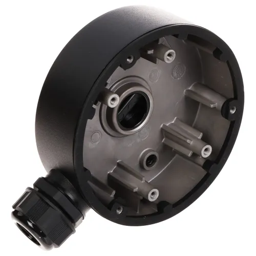 Czarny uchwyt kamery Hikvision DS-1280ZJ-DM46 z widocznymi otworami montażowymi i złączem kablowym. Uchwyt ma okrągły kształt i metaliczną powierzchnię wewnętrzną.