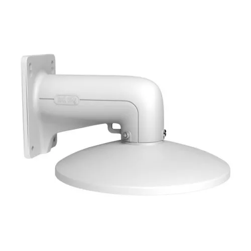Biały uchwyt kamery Hikvision DS-1618ZJ-6D o zaokrąglonym kształcie, montowany na ścianie. Uchwyt wykonany jest z metalu i ma gładką powierzchnię.