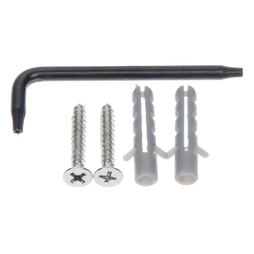 Na zdjęciu znajduje się zestaw montażowy składający się z klucza imbusowego, dwóch wkrętów oraz dwóch kołków rozporowych. Elementy są ułożone na białym tle.