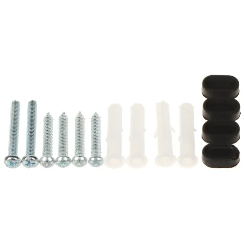 Na zdjęciu znajduje się zestaw montażowy składający się z czterech metalowych wkrętów, czterech plastikowych kołków rozporowych oraz czterech czarnych gumowych elementów. Elementy są ułożone w rzędzie na białym tle.