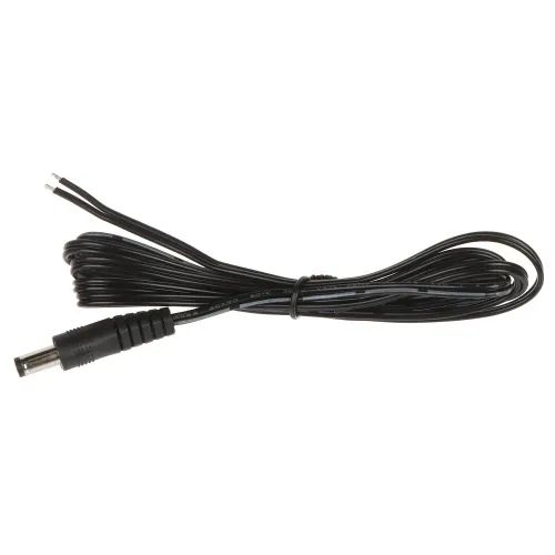 Czarny kabel z wtykiem DC na jednym końcu i dwoma odsłoniętymi przewodami na drugim. Kabel jest zwinięty i zabezpieczony plastikową opaską.