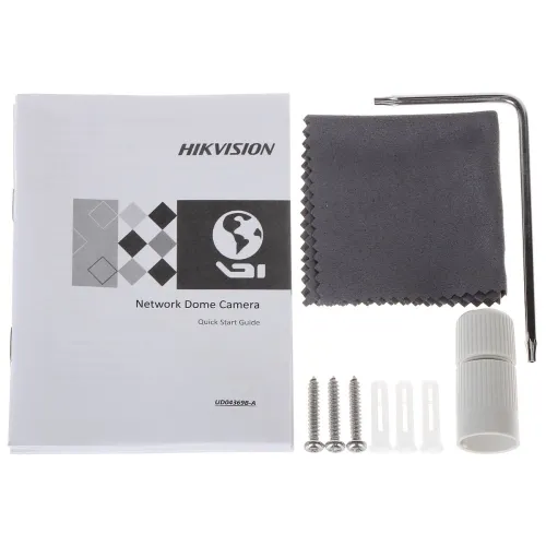 Zestaw akcesoriów do kamery sieciowej Hikvision, zawierający instrukcję obsługi, ściereczkę, klucz imbusowy, kołki rozporowe, śruby oraz złączkę kablową. Elementy są ułożone na białym tle.