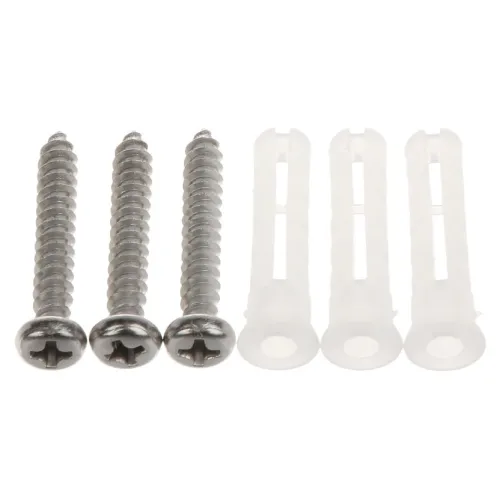 Na zdjęciu znajdują się cztery metalowe wkręty z łbami krzyżowymi oraz cztery białe plastikowe kołki rozporowe. Elementy te są ułożone w dwóch równych rzędach na białym tle.