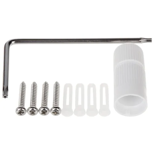 Zestaw montażowy składający się z klucza imbusowego, czterech wkrętów, czterech kołków rozporowych oraz białej tulei. Elementy są ułożone na białym tle.