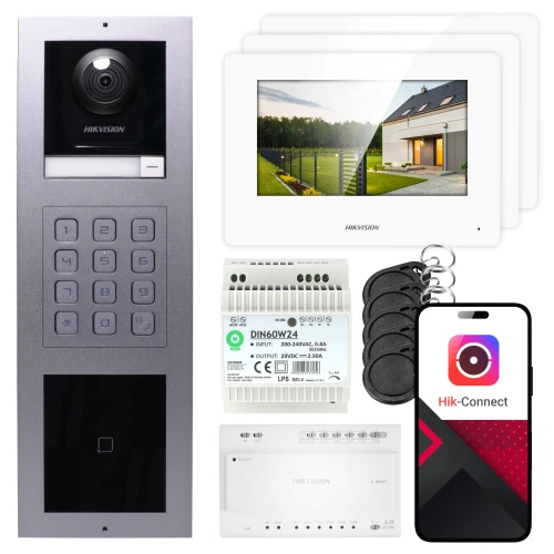 2-Draht Video-Türsprechanlage Hikvision 3x Monitor DS-KH6320Y-WTE2 weiß, Unterputzpanel, Tastatur, Leser