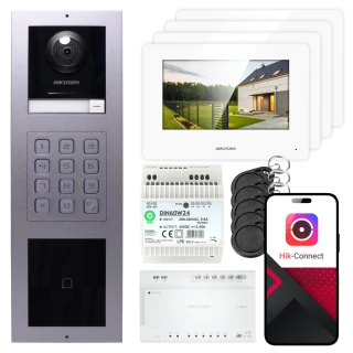 2-Draht Video-Türsprechanlage Hikvision 4x Monitor DS-KH6320Y-WTE2 weiß, Unterputzpanel, Tastatur, Leser
