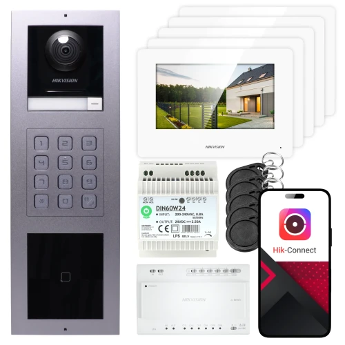 2-Draht Video-Türsprechanlage Hikvision 5x Monitor DS-KH6320Y-WTE2 weiß, Unterputzpanel, Tastatur, Leser