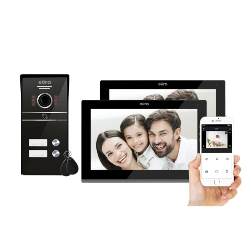 Videotürsprechanlage EURA VDP-82C5 - zweifamilien schwarz 2x LCD 7'' FHD Unterstützung für 2 Eingänge Kamera 1080p RFID-Lesegerät Aufputz