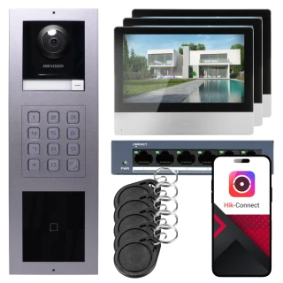 IP-Video-Türsprechanlage Hikvision 3x Monitor DS-KH8350-WTE1, Unterputz, Panel, Tastatur, Leser