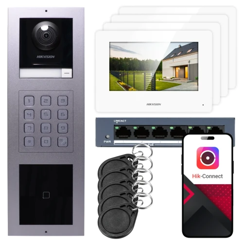 IP-Video-Türsprechanlage Hikvision 4x Monitor DS-KH6320-WTE1, Aufputz, Panel, Tastatur, Leser