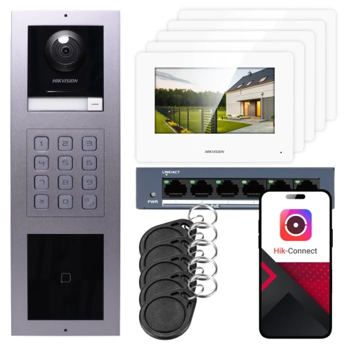 IP-Video-Türsprechanlage Hikvision 5x Monitor DS-KH6320-WTE1, Aufputz, Panel, Tastatur, Leser