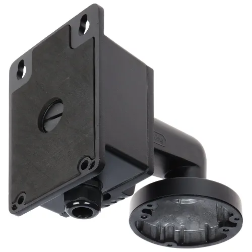 Czarny uchwyt montażowy do kamery, widoczny od strony mocowania do ściany. Uchwyt ma solidną konstrukcję z otworami na śruby i okrągłą podstawą.