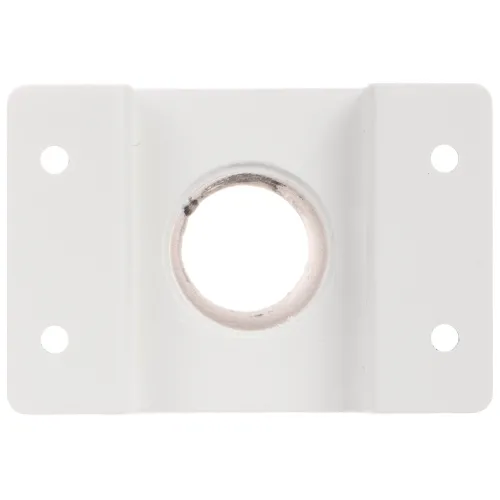 Metalowy uchwyt montażowy w kolorze białym z centralnym otworem i czterema otworami na śruby w rogach. Przeznaczony do mocowania na ścianie.