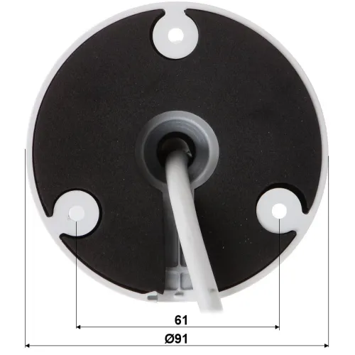 Zdjęcie przedstawia widok od spodu okrągłej podstawy kamery z trzema otworami montażowymi i kablem wychodzącym ze środka. Na dole widoczne są wymiary: średnica 91 mm i odległość między otworami 61 mm.