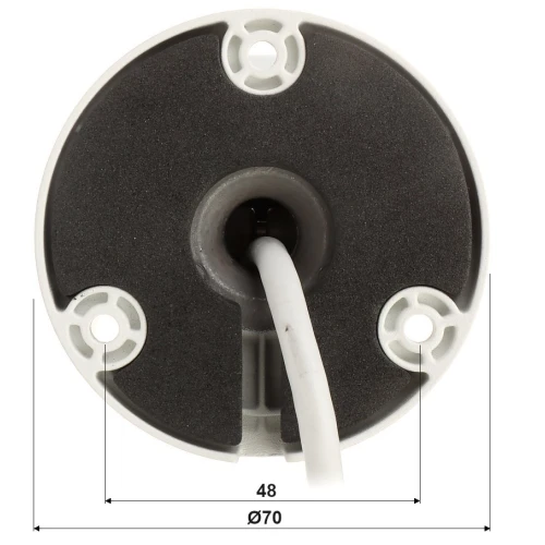 Zdjęcie przedstawia widok od spodu kamery z trzema otworami montażowymi i kablem wychodzącym ze środka. Na dole widoczne są wymiary: średnica 70 mm i odległość między otworami 48 mm.