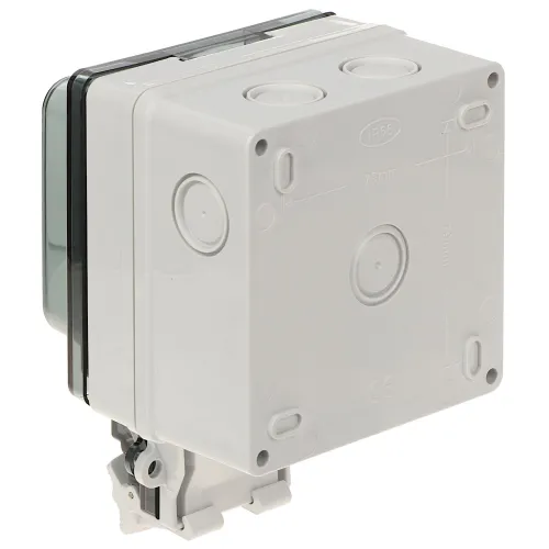 Prostokątna, szara obudowa elektryczna z oznaczeniem IP66, widoczna od strony mocowania. Posiada zaokrąglone krawędzie i kilka okrągłych zaślepek na powierzchni.