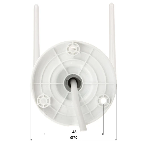 Zdjęcie przedstawia biały uchwyt montażowy z okrągłą podstawą i trzema otworami na śruby, z którego wychodzi kabel. Widoczne są również dwa pionowe elementy po bokach, a na zdjęciu zaznaczone są wymiary podstawy: średnica 70 mm i odległość między otworami 48 mm.