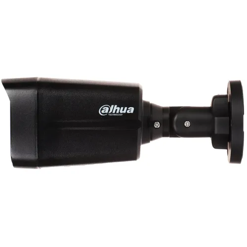 Czarna kamera monitoringu marki Dahua przedstawiona z boku, z widocznym logo na obudowie. Kamera ma cylindryczny kształt z prostokątną osłoną z przodu.