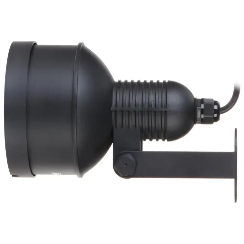 Czarny reflektor LED pokazany z boku, zamontowany na regulowanym uchwycie. Kabel zasilający wychodzi z tylnej części obudowy reflektora.