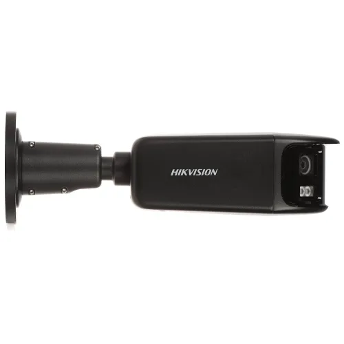 Czarna kamera monitoringu Hikvision widziana z boku, zamontowana na uchwycie ściennym. Obiektyw kamery jest skierowany w prawo, a na obudowie widoczne jest logo producenta.