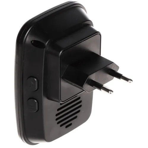 Czarny adapter elektryczny z dwoma przyciskami z boku i otworami wentylacyjnymi z tyłu. Widoczna jest wtyczka z dwoma bolcami do gniazdka elektrycznego.