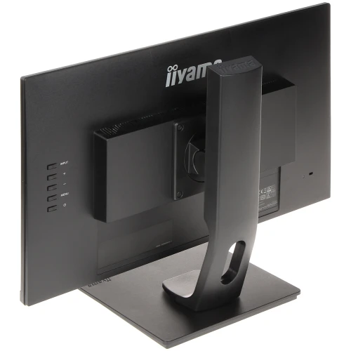 Monitor iiyama widziany od tyłu, z solidną podstawą i złączami po lewej stronie. Obudowa jest w kolorze czarnym z wyraźnym logo producenta na górze.