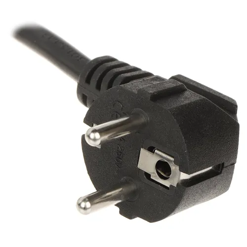 Czarny wtyk elektryczny CEE z dwoma metalowymi bolcami i otworem uziemiającym. Wtyk jest podłączony do czarnego kabla.
