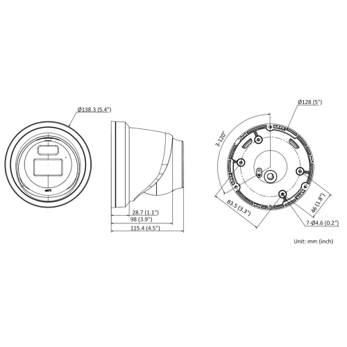 Schemat przedstawia wymiary kamery w trzech rzutach: z przodu, z boku i od dołu, z podanymi wartościami w milimetrach i calach. Widoczne są szczegółowe oznaczenia dotyczące średnicy, wysokości oraz rozstawu otworów montażowych.