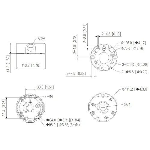 Schemat techniczny przedstawia wymiary i rozmieszczenie otworów montażowych okrągłego urządzenia z oznaczeniami w milimetrach i calach. Widoczne są różne widoki urządzenia, w tym z góry, z boku oraz z przodu, z zaznaczonymi miejscami na śruby i gwinty.