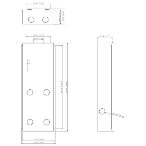 Schemat przedstawia wymiary prostokątnego elementu z otworami, widzianego z trzech perspektyw: z góry, z boku i z przodu. Na rysunku zaznaczone są szczegółowe wymiary w milimetrach oraz ich odpowiedniki w calach.