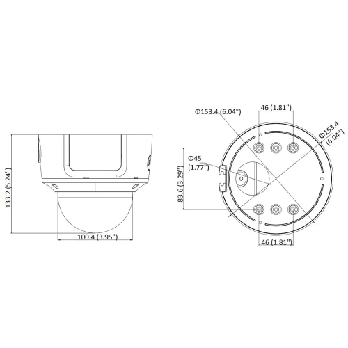 Schemat przedstawia wymiary kamery kopułkowej, z widokiem z boku i od dołu. Na rysunku zaznaczone są szczegółowe wymiary w milimetrach i calach, w tym średnica i wysokość kamery.
