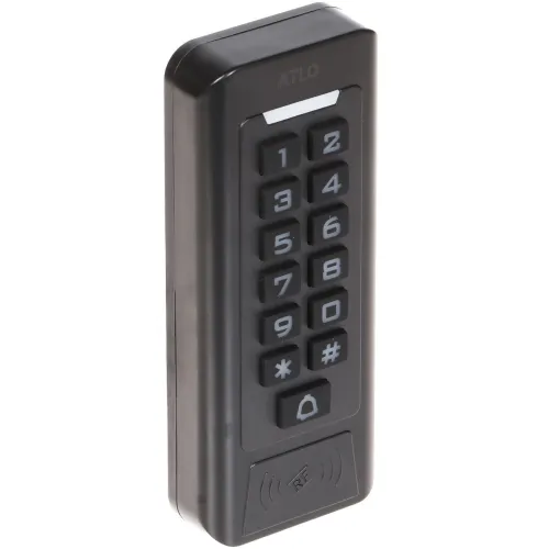 Czarny zamek szyfrowy z klawiaturą numeryczną i przyciskiem dzwonka na dole. Urządzenie posiada oznaczenie "ATLO" na górze i symbol RF na dole.