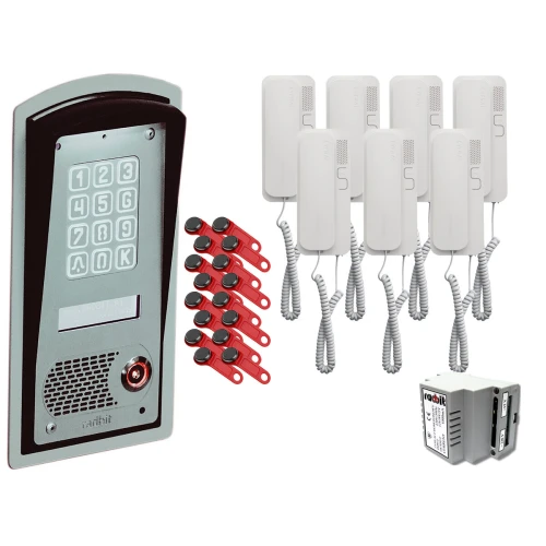 Zestaw 7-rodzinny Radbit Panel Domofonu cyfrowego wielorodzinnego z czytnikiem kodu KEC-4 MOD DALLAS prezentuje elegancki, nowoczesny design z wyraźnym wyświetlaczem i klawiaturą numeryczną. Urządzenie jest wyposażone w czytnik kluczy Dallas, co zapewnia wygodę i bezpieczeństwo użytkowania.