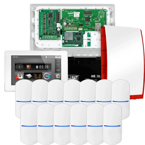 SATEL INTEGRA 32 Alarmset, 13x Sensor, Signalgeber, weißer Manipulator INT-TSI-W, LTE-Kommunikation