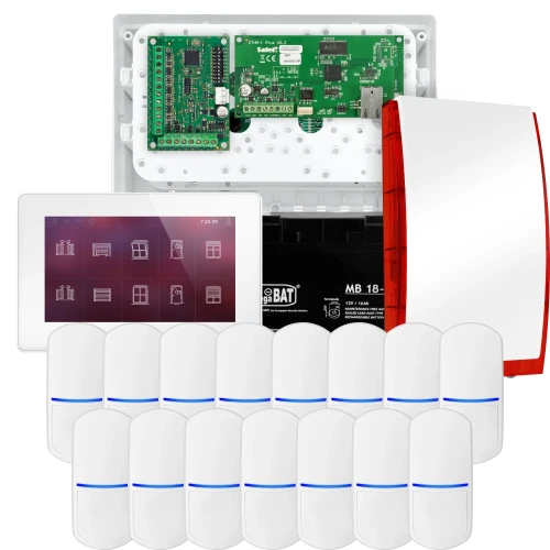 SATEL INTEGRA 32 Alarmset, 15x PET-Sensor, Signalgeber, weißer Manipulator INT-TSH2-W