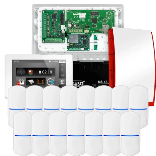 SATEL INTEGRA 32 Alarmset, 15x Sensor, Sirene, weißer Bedienteil INT-TSI-W, LTE-Kommunikation