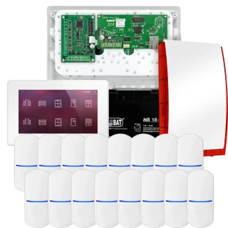 SATEL INTEGRA 32 Alarmset, 16x PET-Sensor, Signalgeber, weißer Bedienteil INT-TSH2-W