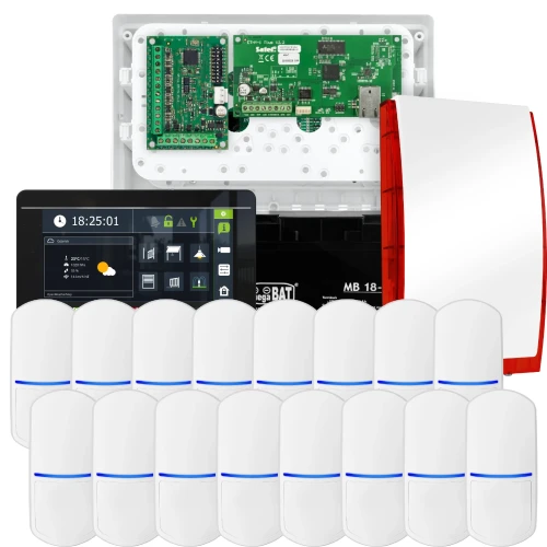SATEL INTEGRA 32 Alarmset, 16x Sensor, Signalgeber, schwarzes Bedienteil INT-TSI-B